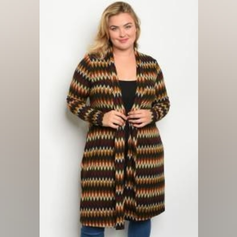 Angie Multicolor Zigzag Cardigan | Boho Open Front Duster Sweater S, 1X